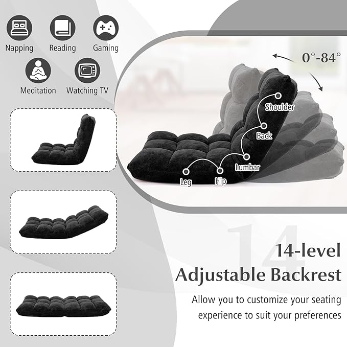 SIMOE 14-Position Foldable Floor Chair with Back Support Plush Coral Fleece Floor Seating for Kids Teens &amp Adults Padded Lazy Sofa Gaming Chair for Bedroom Reading &amp Dorm Black