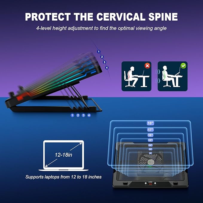 G-STORY Gaming Laptop Cooling Pad with Movable Fan and Automatic Speed Adjustable by TemperatureMusic Sync RGB LightLow Noise Laptop Cooler 3 Speed 1500/1750/2000RPM(140MM) Stand 12–18 Notebook