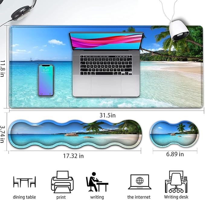 Gaming Mouse PadLarge Mouse Pad with Stitched EdgeNon-Slip Base Office Desk Pad Ergonomic Keyboard Wrist Rest SetWaterproof Writing PadBeach and Coconut Trees Pattern Extended XXL Desk Mat Set