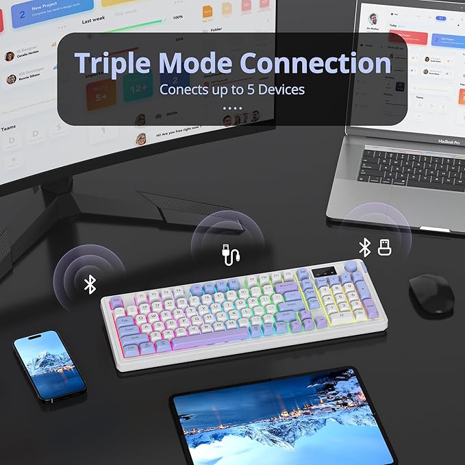 Owpkeenthy 96% Membrane Keyboard Wireless 100% Quiet Mechanical Feeling Gaming Keyboard Gasket RGB Keyboard with Knob &amp Number Pad Triple Mode Bluetooth 5.0/2.4G/Wired for Laptop Desktop(98 Blue)