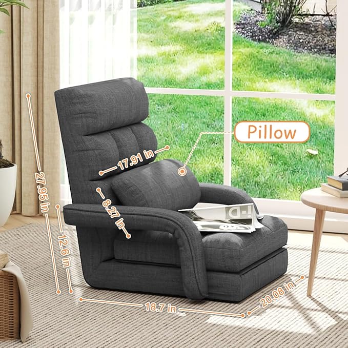 Floor Gaming Chair 6 Position Adjustable Indoor Chaise Lounge Chair for Teens Adults Padded Folding Meditation Sofa Chair with Armrests and Pillow Comfy Chair for Teens Adults Pets - Black