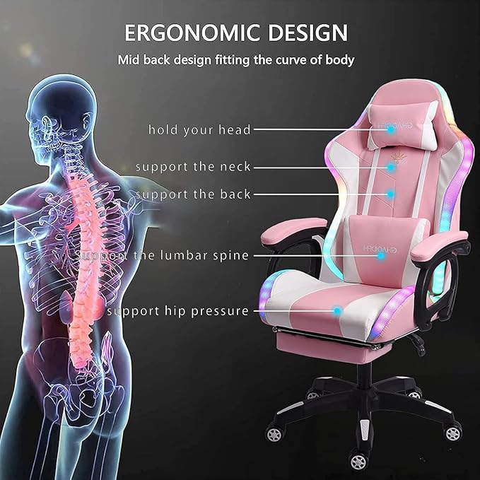 Video Gaming Chair with FootrestGame Chair with Bluetooth SpeakersComputer Chair with LED LightsErgonomic Massage Gaming Chair with Massage Function360°Swivel 90°-135° Adjustment Backrest (Pink)