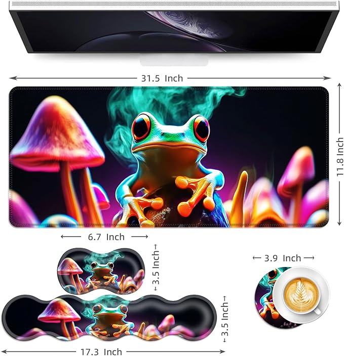 Keyboard Mouse Pad Set Extended Gaming Mouse Pad+Ergonomics Keyboard Wrist Rest Support Memory Foam Easy Typing Pain Relief 4Pcs XL Ultra Thick Desk MatPsychedelic Frog Mushroom