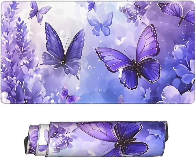 Purple Butterfly Desk Cover MatExtended Large Mouse PadComputer Laptop Mat Desk Decor for Office Game Home 30x16 Inch