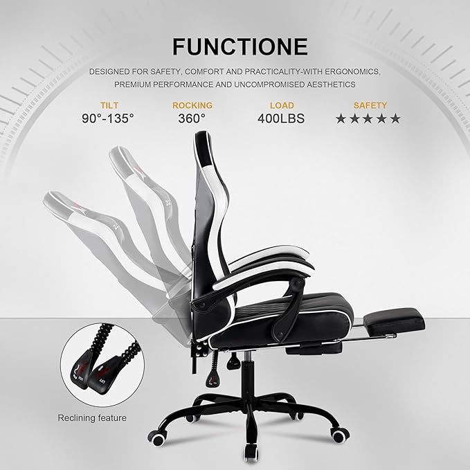 Vedio Gaming Chair with Footrest Lumbar Support for Home Office High Back Recliner Height Adjustable Ergonomic Comfy Leather Computer Desk ChairWhite