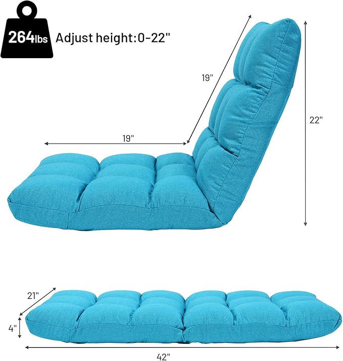 GORELAX Floor Chair with Back Support 14-Poistion Adjustable Folding Gaming Chair Recliner Meditation Chair with Steel Frame Padded Lazy Sofa Chair for Adults Kids (Turquoise)