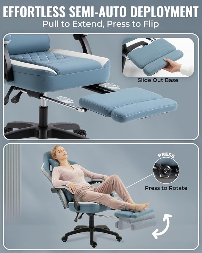 Dowinx Gaming Chair Breathable Fabric Game Chair with Gel Pad and Storage Bag Comfortable Gamer Chair with Pocket Spring Cushion Ergonomic Computer Chair with Footrest Blue and White
