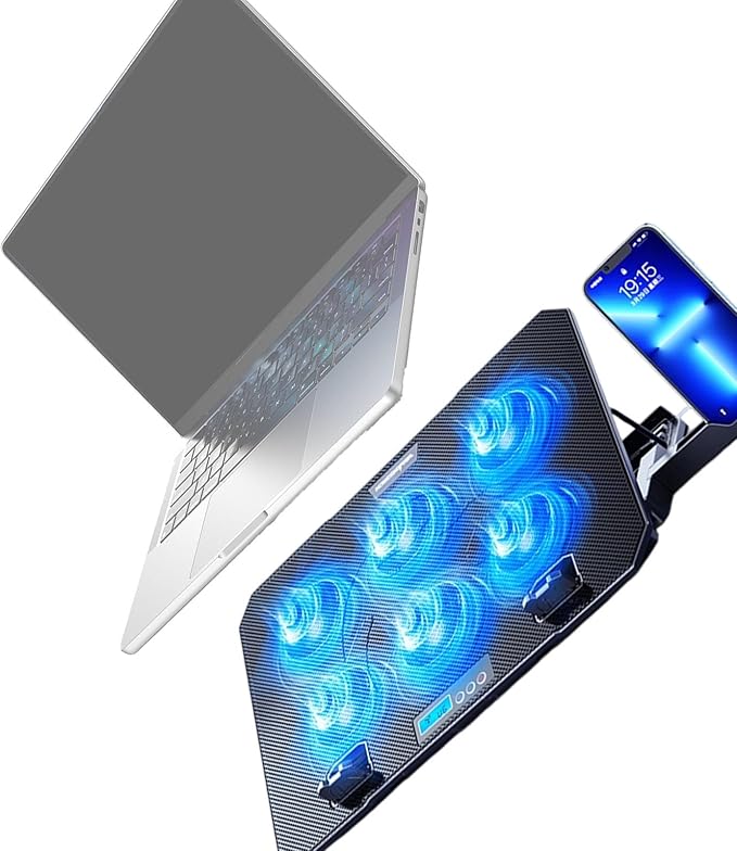 Laptop Cooling Pad 6 Quiet Fan for Laptop Gaming Fan Pad 5 Height Adjustable 2 USB Port Phone Holder Lightweight Stand