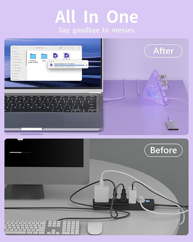 7-Port USB 3.0 Hub Light Purple Vertical USB Splitter with Tree-Inspired RGB Lights 5Gbps High-Speed Transfer 2FT Cable Compatible with MacBook PC Flash Drive Console Printer Camera