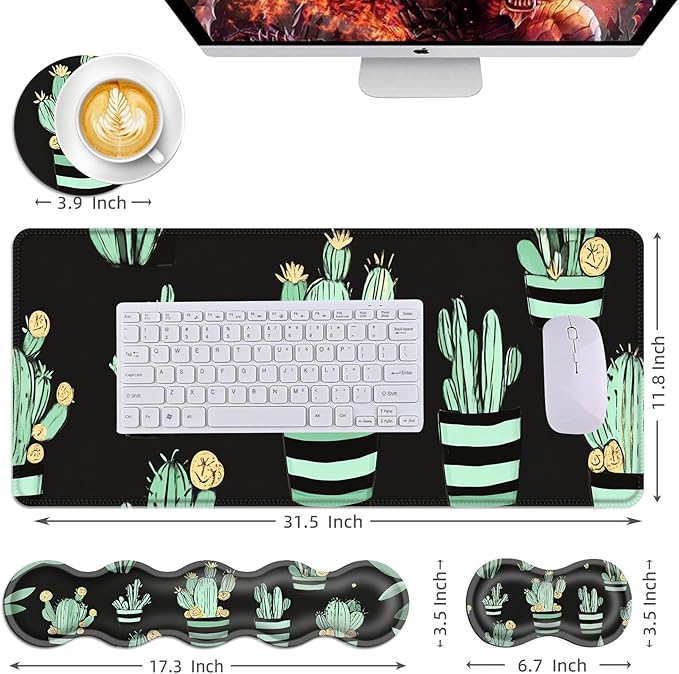 Mouse PadLarge Desk Mat Set 4in1 XL Mousepad + Keyboard Wrist Rest+Mouse Wrist Rest+Coaster with Ergonomic Desk Pad for Home Office Table Computer Cover -Cactus Pattern