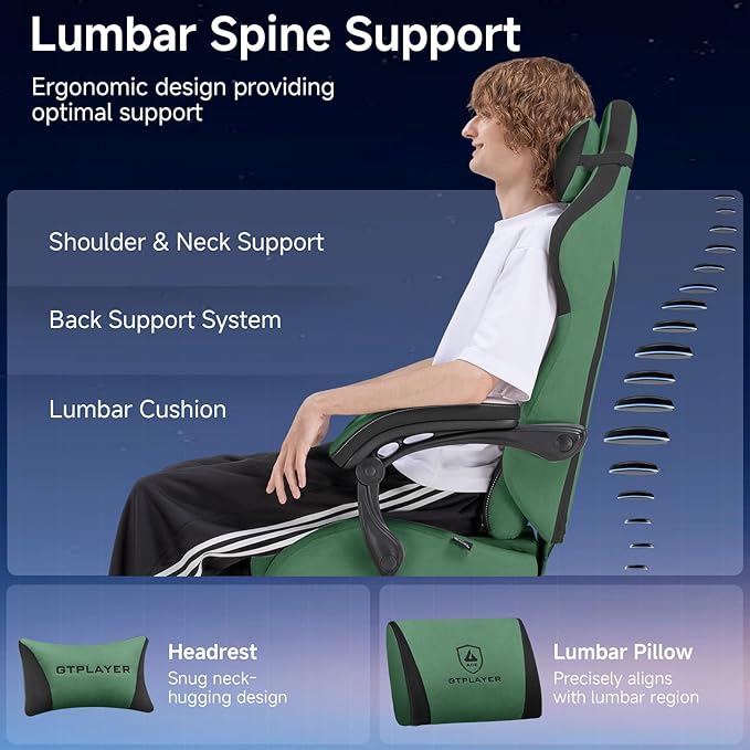 GTPLAYER Gaming Chair Video Game Chairs with Footrest and Lumbar Support Computer Chair for Adults with Extended Backrest Ergonomic Reclining Silla Gamer Fabric Green