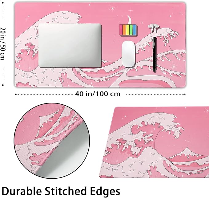 Pink Japanese Anime Gaming Mouse Pad XL Cute Kawaii Aesthetic Wave Extended Big Large Desk Mat Non-Slip Rubber Base Stitched Edge Long Keyboard Mousepad for PC Computer Laptop40x20 in100x50cm