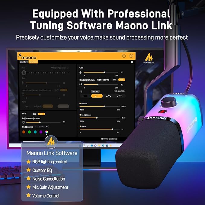 MAONO USB/XLR Podcasting Microphone for PC Gaming Streaming Dynamic Mic with Mute Button Software-RGB Desktop StandComputer Mic for Video Studio Recording-PD100XRGB