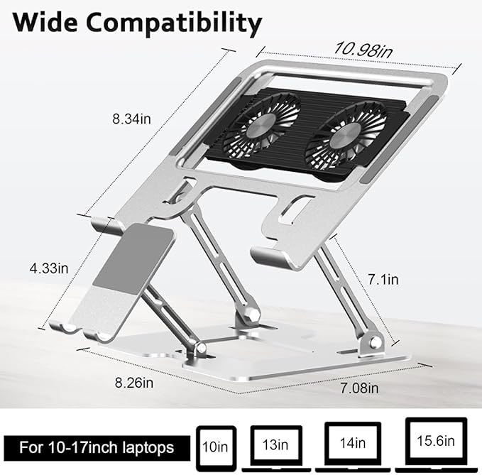 Laptop Cooling Stand with Detachable Fan2-IN-1 Laptop Stand with Phone Holder and Silent FansAdjustable Height and AngleCarbon Steel FrameworkLaptop Cooling Pad for up to 16”Laptop (White)