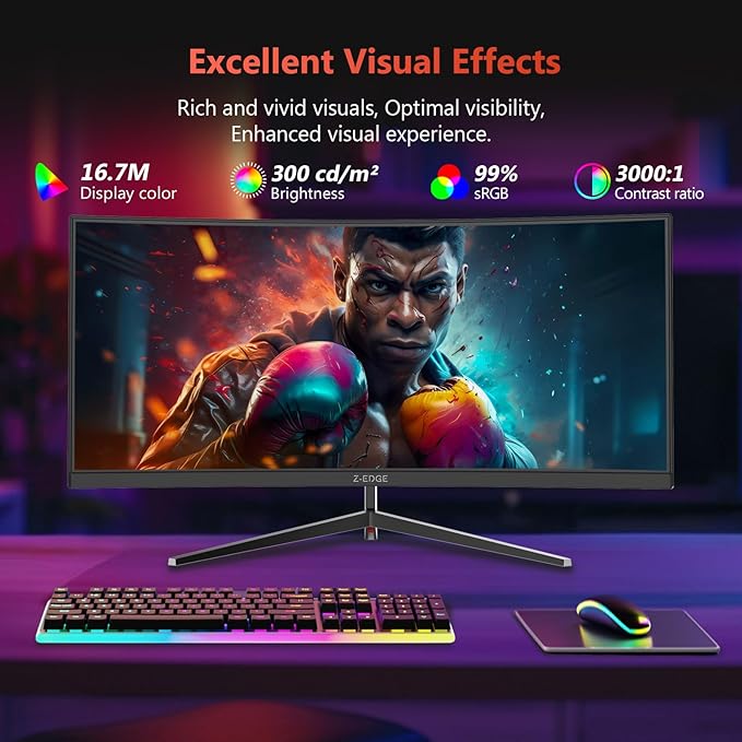 Z-Edge 30 Curved Gaming Monitor WFHD1080P 200Hz 165Hz Monitor MPRT 1ms 21:9 Aspect Ratio 1500R Curved 16.7M Colors 3000:1 Contrast UG30 PIP-PBP 2X DP 1.4 Ports and 2X HDMI 2.0 Port