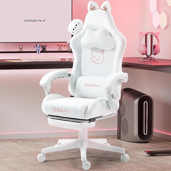 Dowinx Gaming Chair Cute with Cat Ears and Massage Lumbar Support Ergonomic Computer Chair for Girl with Footrest and Headrest Comfortable Reclining Game Chair 290lbs for Adult Teen White