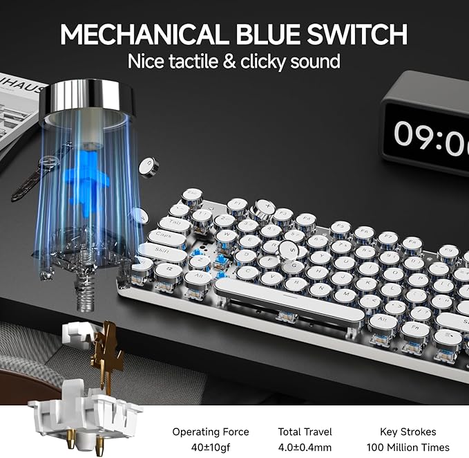 EWEADN TK950 Typewriter Mechanical Keyboard and Mouse 104 Keys Aesthetic Typewriter Keyboard Mouse Combo with Blue Backlit Anti-Ghosting Blue Switch Bluetooth/2.4GHz/Wired Cute Keyboards-White