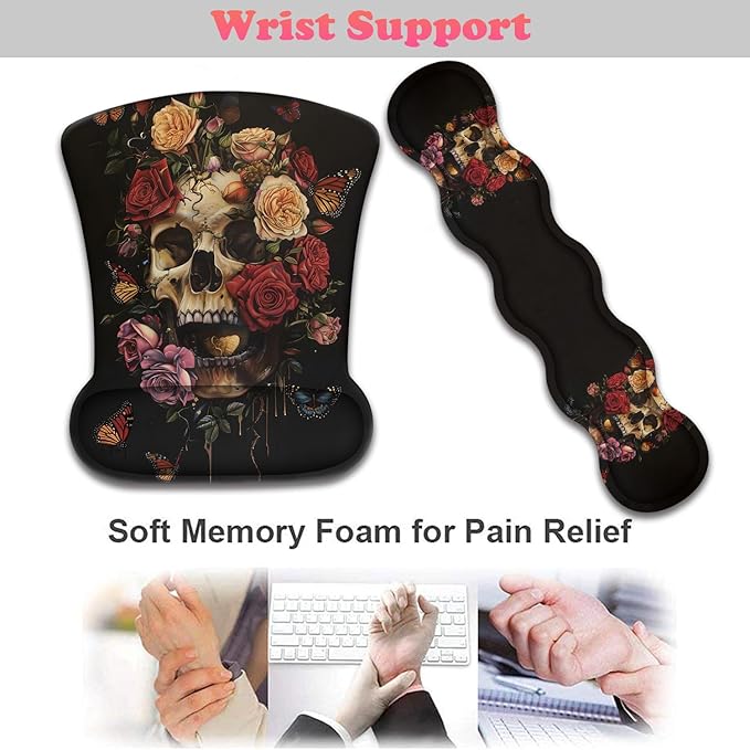3 in 1 Keyboard Wrist Rest + Mouse Pad and Coaster Ergonomic Gel Mouse Pad and Keyboard Pad Set Comfortable Lightweight for Easy Typing Pain Relie Butterflies Roses and Skull