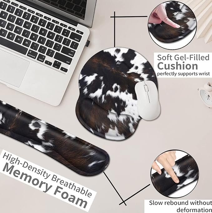 BROWN COW Ergonomic Mouse Pad and Keyboard Wrist Rest - Easy Typing Pain Relief Memory Foam Cute Cowhide Design