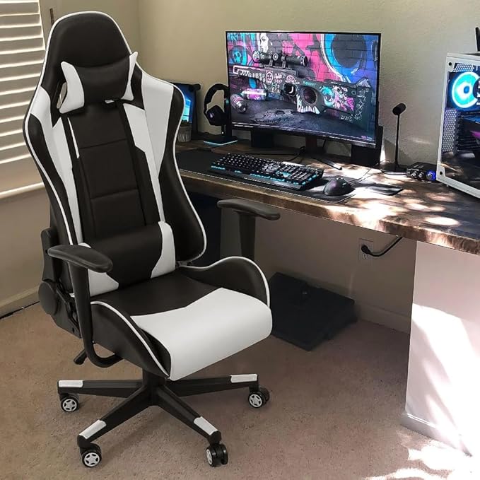 Ergonomic High Back Office Chair with Reclining Swivel Leather Gaming Chair with Headrest and Footrest Adjustable Height White Office Chair