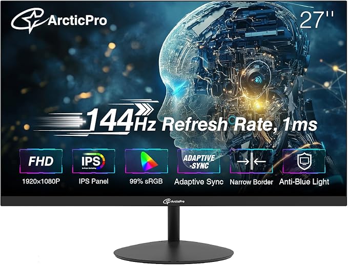 ArcticPro 27inch Computer Monitor FHD 1080p 144Hz Office and Gaming Monitor IPS Adaptive Sync 110% sRGB 1ms 3-Sided Frameless Ultra Slim VESA Mountable Anti-Blue Light Design HDMI DP