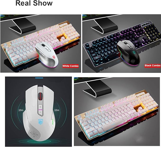 Rechargeable Gaming Keyboard Mouse Combo2.4G Wireless Backlit Mechanical Feeling Ergonomic Keyboards with Optical Mice Set for Computer Game (White)
