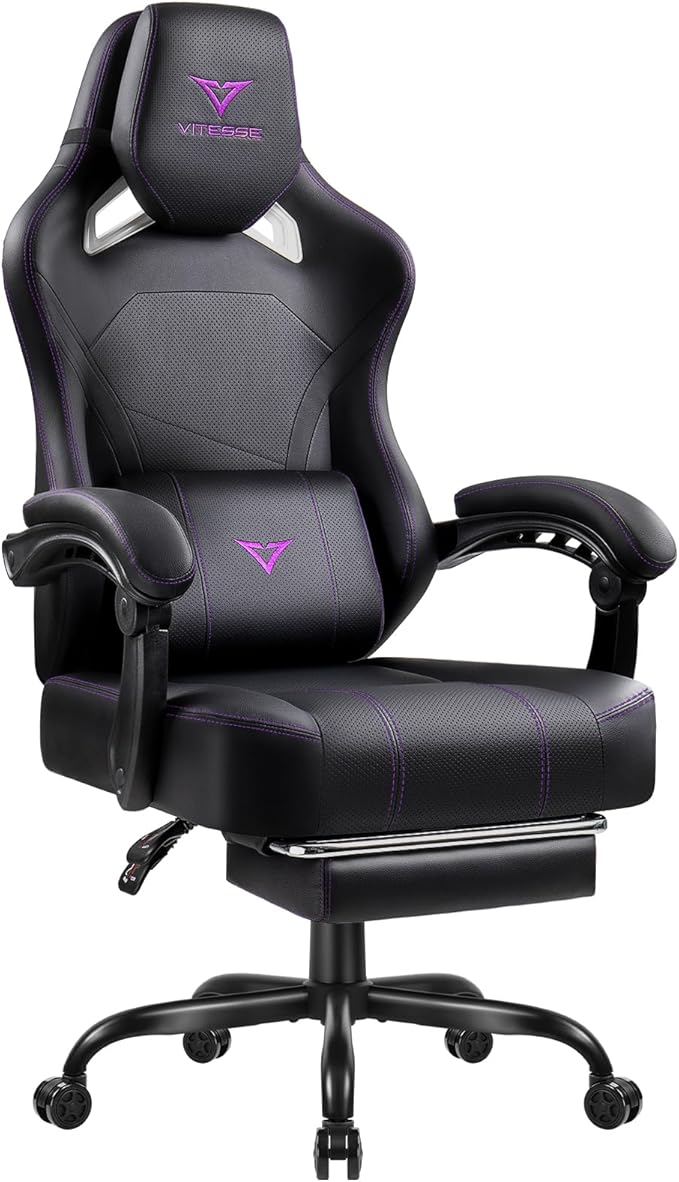 Waleaf Big and Tall Gaming Chair for Adults with Footrest 400lbs Weight Capacity Video Game Chairs for Office Ergonomic Computer Gaming Chair with Lumbar Support and Headrest (Purple)