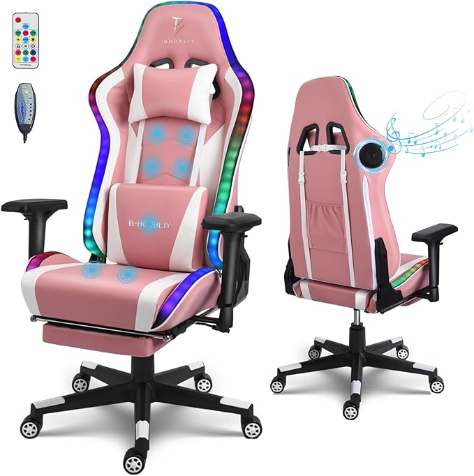 XOOFMASS Ergonomic Gaming Chair with LED Lights and Speakers Video Game Chair with Massage and Footrest Adjustable High Back Computer Chair with Lumbar Support and Headrest for Adult TeensPink
