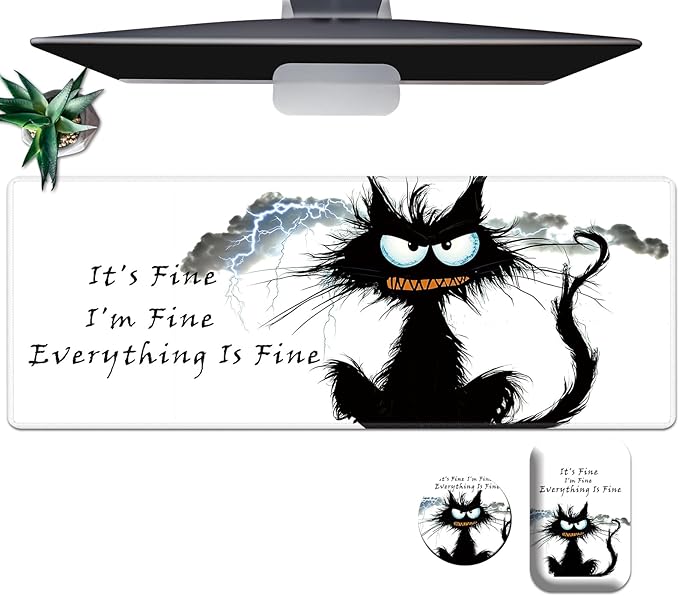 Large Mouse Pad Set Desk Mat + Elbow Rest Pad + Coaster Easy Typing Pain Relief Ergonomic Arm Rest Pad with Memory Foam Extended Desk Pad Anti-Slip Rubber Base for Office Home Funny Black Cat