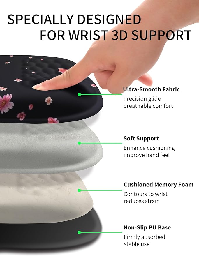 Hokafenle Ergonomic Wrist-Hugging Mouse Pad Wrist Support U-Shaped Holding Wrist Rest Mousepad for Carpal Tunnel Pain Relief with Cushioned Memory Foam Slope Massage Bulge (10.2x8.3 inFall Flower)