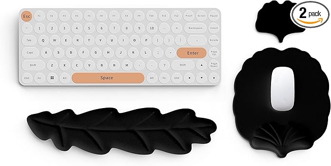 Keyboard Wrist Rest and Mouse Pad with Wrist Support Set Ergonomic Leaf Shape Mouse Pad with Non-Slip Base Pain Relief Memory Foam Mousepad for ComputerLaptopHome Office Black