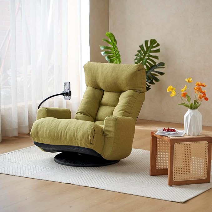 Yoglad Japanese Style Chaise Lounge Sofa with Phone Holder 360-Degree Swivel Chair Floor Gaming Chair Lazy Sofa for Reading Game Meditating 3 Adjustable Positions (Linen Lime Green)