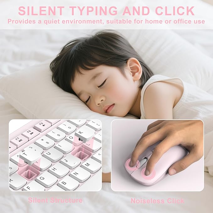Wireless Keyboard and Mouse Combo Full-Sized Quiet Wireless Keyboard and Adjustable DPI Mouse 2.4GHz USB Receiver Keyboard and Mouse for PC Windows Desktop Laptop (Pink and White-B)