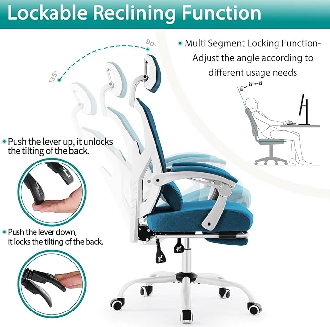 Ergonomic Desk Chair High Back Office Chair with Wheels and Arms Computer Chair with Footrest Swivel Reclining Gaming Chair with Headrest Comfy Armrest for Home Office Work Study Blue