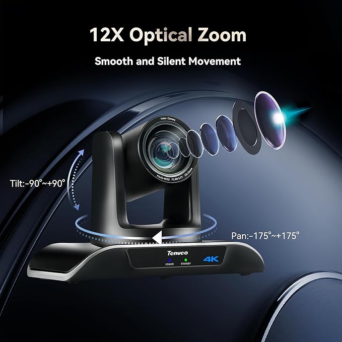 Tenveo UHD 4K PTZ Conference Room Camera 12X Optical Zoom USB3.0/HDMI Wide View Angle 4K PTZ Camera for Video Conference Church Services Worship Events Zoom/OBS/YouTube Live Streaming