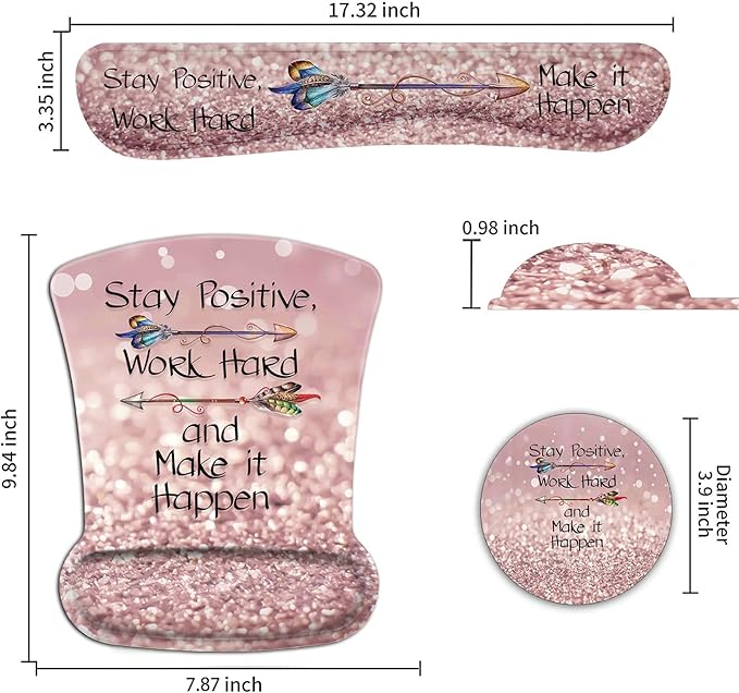 Ergonomic Mouse Pad Wrist Support Gel and Keyboard Wrist Rest Set Stay Positive Work Hard and Make It Happen Pink Glitter Design for Laptop Gaming and OfficeComfortable and Pain Relief + Coaster