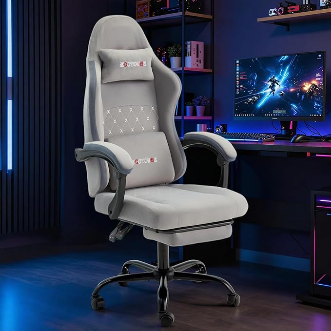 ECOTOUGE Fabric Gaming Chair Video Game Chair with Footrest and Lumbar Support Adjustable Height Home Desk Office Chair Ergonomic Comfort Gamer Chair with High Back Gray