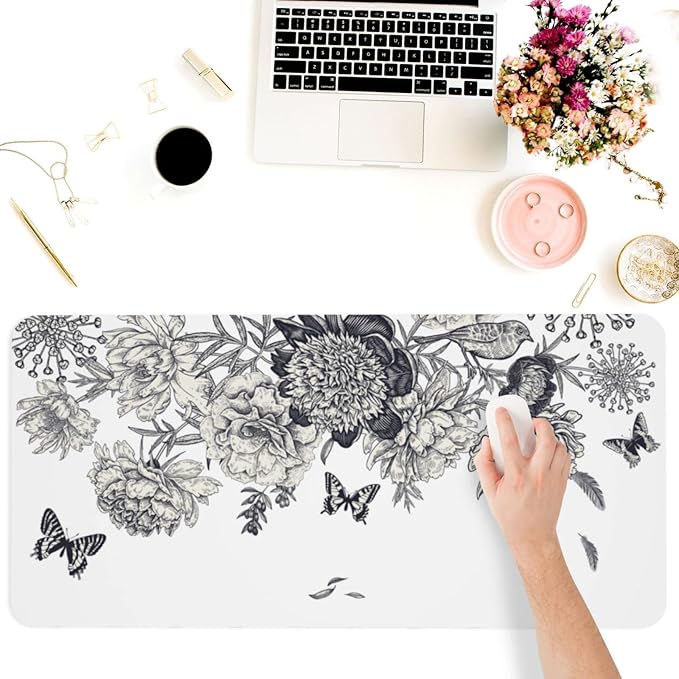 Peony Butterfly Large Mouse Pad Gaming Mousepad with Wrist Support Rubber Computer Keyboard Mat for Desk Laptop Non-Slip Full Deskmat Protector Waterproof Writing Pad Office Home 16x35.5 in