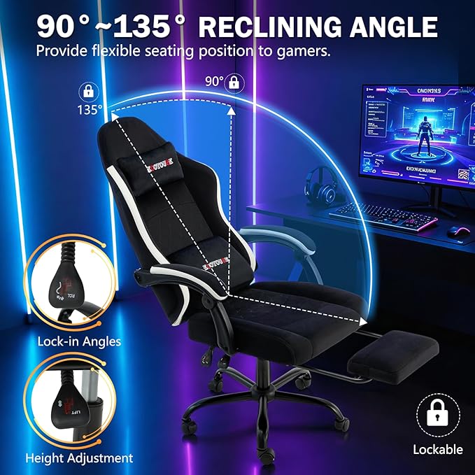 ECOTOUGE Fabric Gaming Chair Video Game Chair with Footrest and Lumbar Support Adjustable Height Home Desk Office Chair Ergonomic Comfort Gamer Chair with High Back Black
