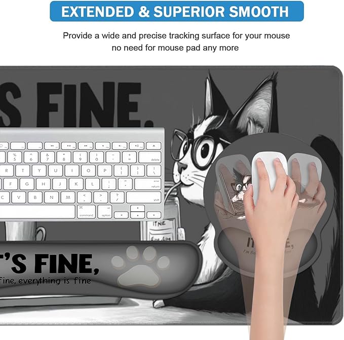 AQQA Funny Keyboard Mouse Pad SetXXL Mouse Mat+Keyboard Wrist Rest Support Cat Ergonomic Mouse Pad with Wrist Rest 4 Pcs Cute Office Desk Accessories35.4×15.7 in