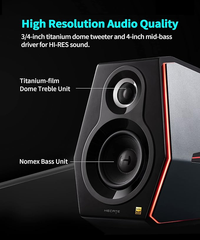 HECATE G5000 Bluetooth Computer Gaming Speakers Hi-Res Audio Wireless Desktop Speakers 88W RMS Powered Bluetooth 3.5mm AUX USB Optical Coaxial Inputs for PC/PS4/PS5/Laptop/TV RGB Light