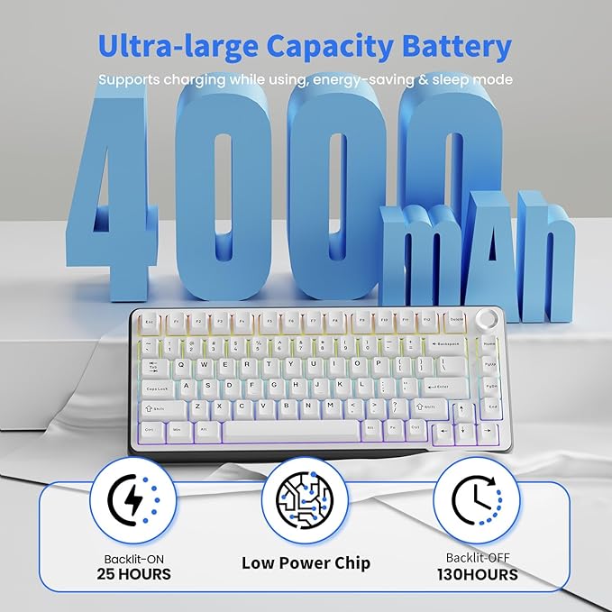 EWEADN GS75 Wireless Mechanical Keyboard ASMR 75% Gaming Keyboard Gasket Hot Swappable Custom Keyboards with RGB Knob PBT Keycaps BT5.0/2.4G/USB-C Creamy Keyboards White