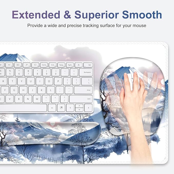 4 in 1 Large Mouse Pad Keyboard Wrist Rest Set Ergonomic Mouse Pad with Wrist Support Desk Mat with Stitched Edges Extended Desk Pad Waterproof Desk Mat for Home Office Game I Snowy Mountain Sun