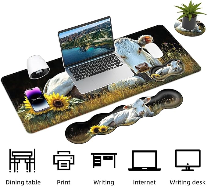 Keyboard Mouse Pad Set Extended Gaming Mouse Pad+Ergonomics Keyboard Wrist Rest Support Memory Foam Easy Typing Pain Relief 4Pcs XL Ultra Thick Desk MatWhite Cow Sunflowers