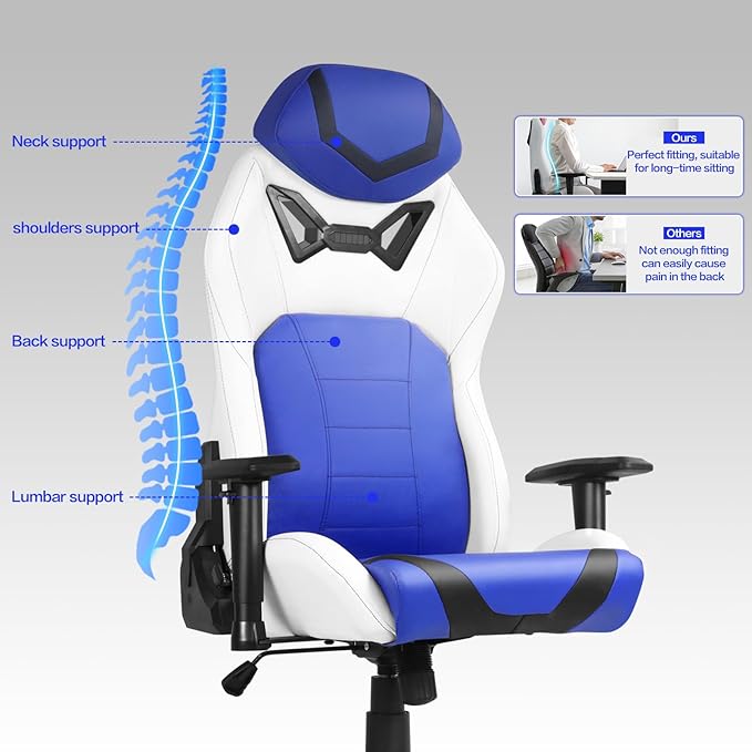 Modern-Depo Ergonomic Gaming Chairs for Adults with High-Density Memory Foam | Swivel Comfortable Office Chair Big and Tall Video Game Chair High Back Computer Chair for Home Office Blue White