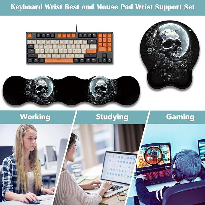 Mouse Wrist Rest and Keyboard Wrist Rest Pad+ Coaster Set Non-Slip Rubber Base Smooth Surface Ergonomic Gaming Mouse Pad for Easy Typing and Pain Relief Skull Rose Under The Moon