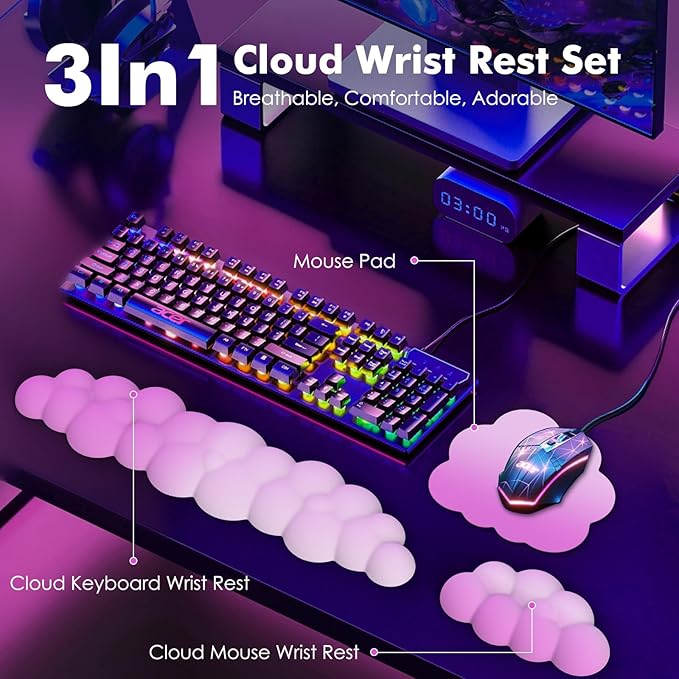 MoKo Cloud Wrist Rest Ergonomic Cloud Keyboard Wrist Rest with Mouse Rest Wrist Pad Durable Polyester Cloud Arm Rest Wrist Pad for Keyboard and Mouse for Office Gaming Computer Laptop Pink