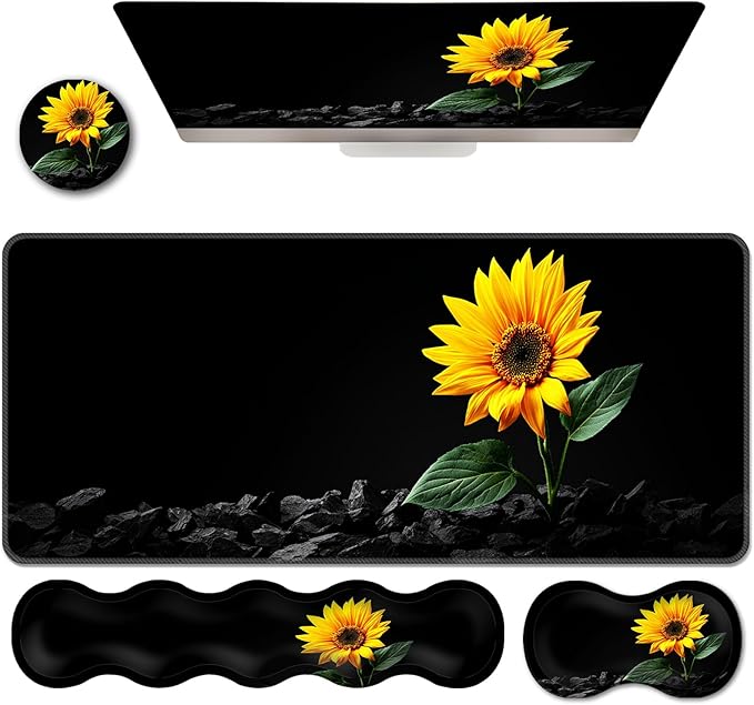 Ergonomic Keyboard Wrist Rest &amp Mouse Pad Wrist Rest SetXL Gaming Desk Mat 31.5x 11.8Non-Slip BaseMemory FoamEasy Typing Pain Relief for Office &amp HomeSunflower