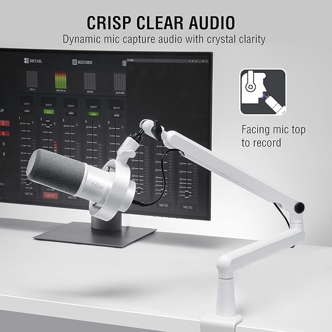 FIFINE Podcast Microphone with XLR Cable and Low Profile Arm Boom Set XLR Recording PC Mic Quick Mute &amp 9.8ft Balanced 3 PIN XLR Male to Female Cable and Metal Boom Arm-K688W+BM88W+L9W