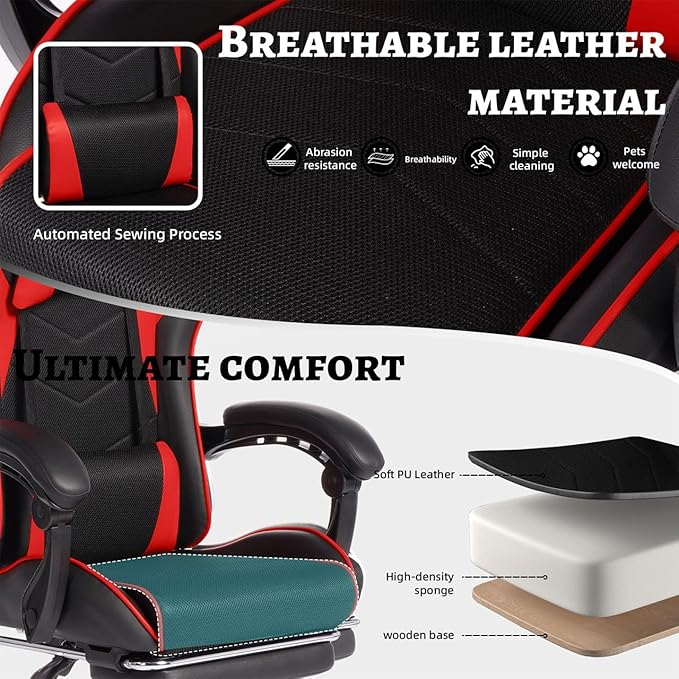 Red Gaming Chairs with Adjustable Support &amp Footrest Ergonomic Computer Chair for Adults Breathable Leather Video Game Chairs (Red+Black)